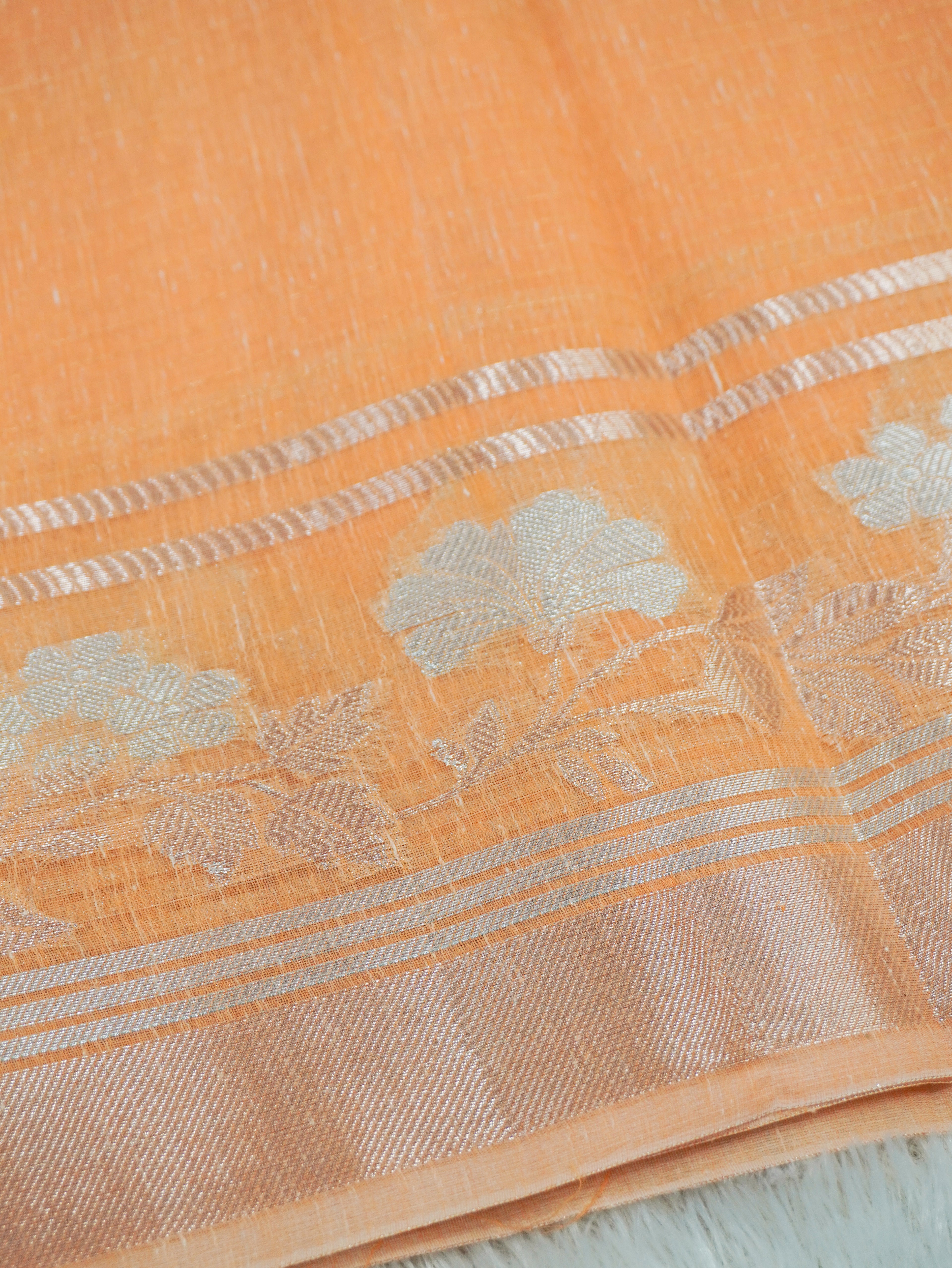 Peach Tissue Banarasi Saree with Floral Buta & Rich Zari Border