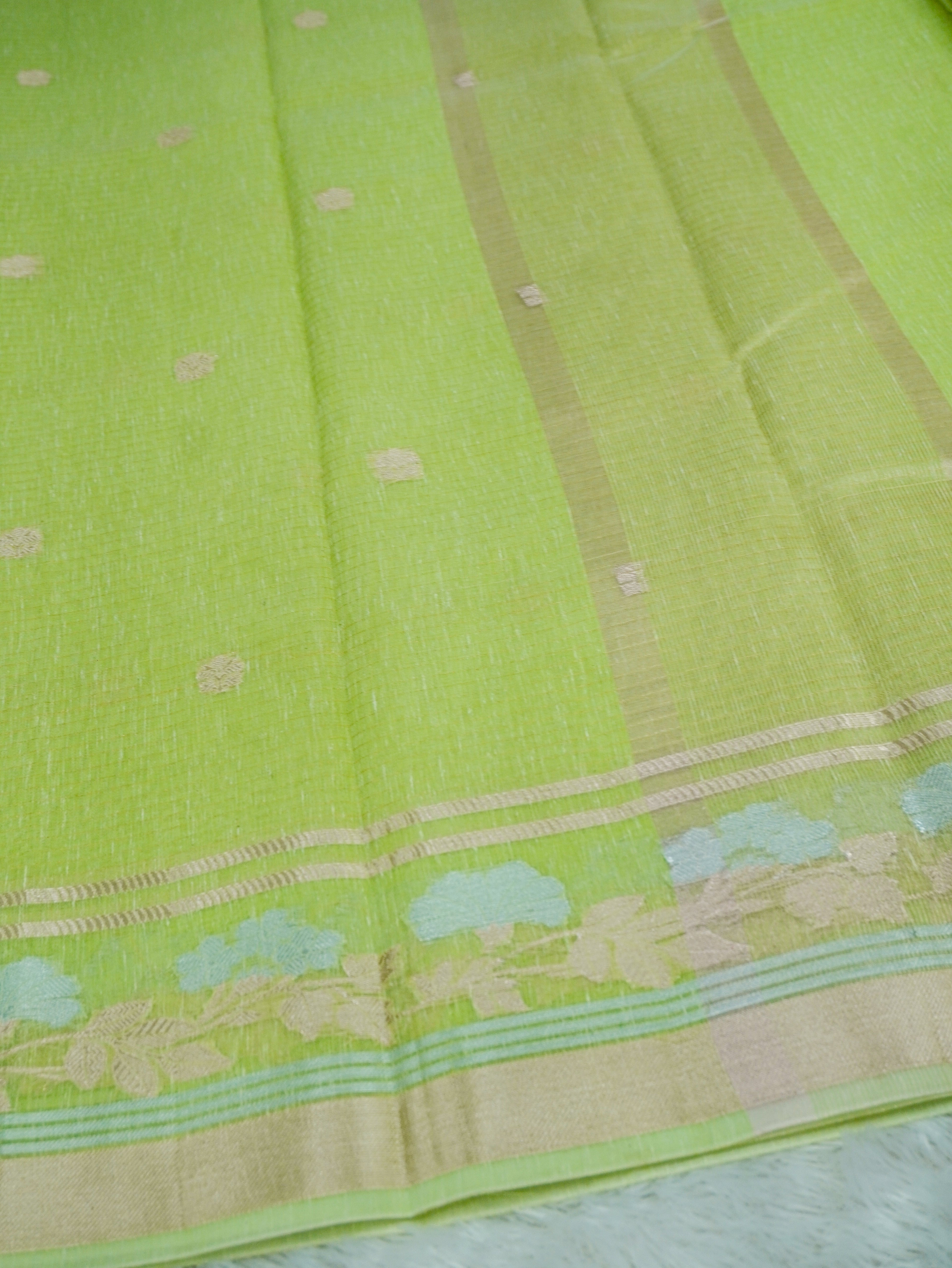 Parrot Green Tissue Banarasi Saree with Floral Buta & Rich Zari Border