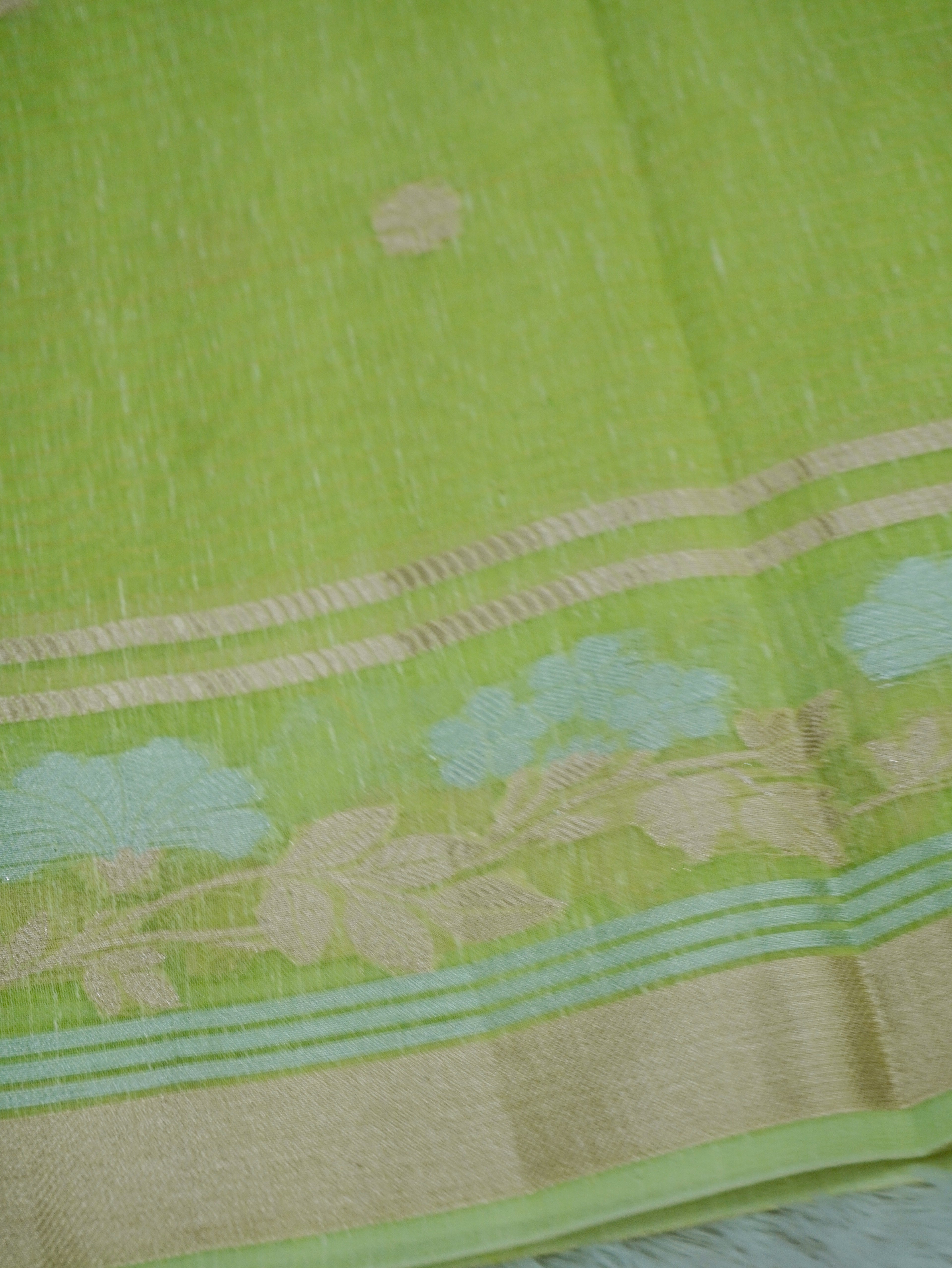 Parrot Green Tissue Banarasi Saree with Floral Buta & Rich Zari Border