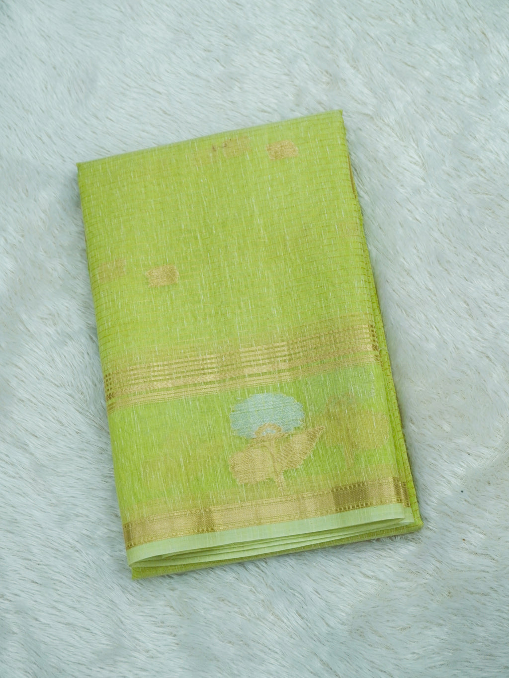 Parrot Green Linen Banarasi Saree with Floral Buta & Rich Zari Border