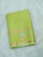 Parrot Green Linen Banarasi Saree with Floral Buta & Rich Zari Border