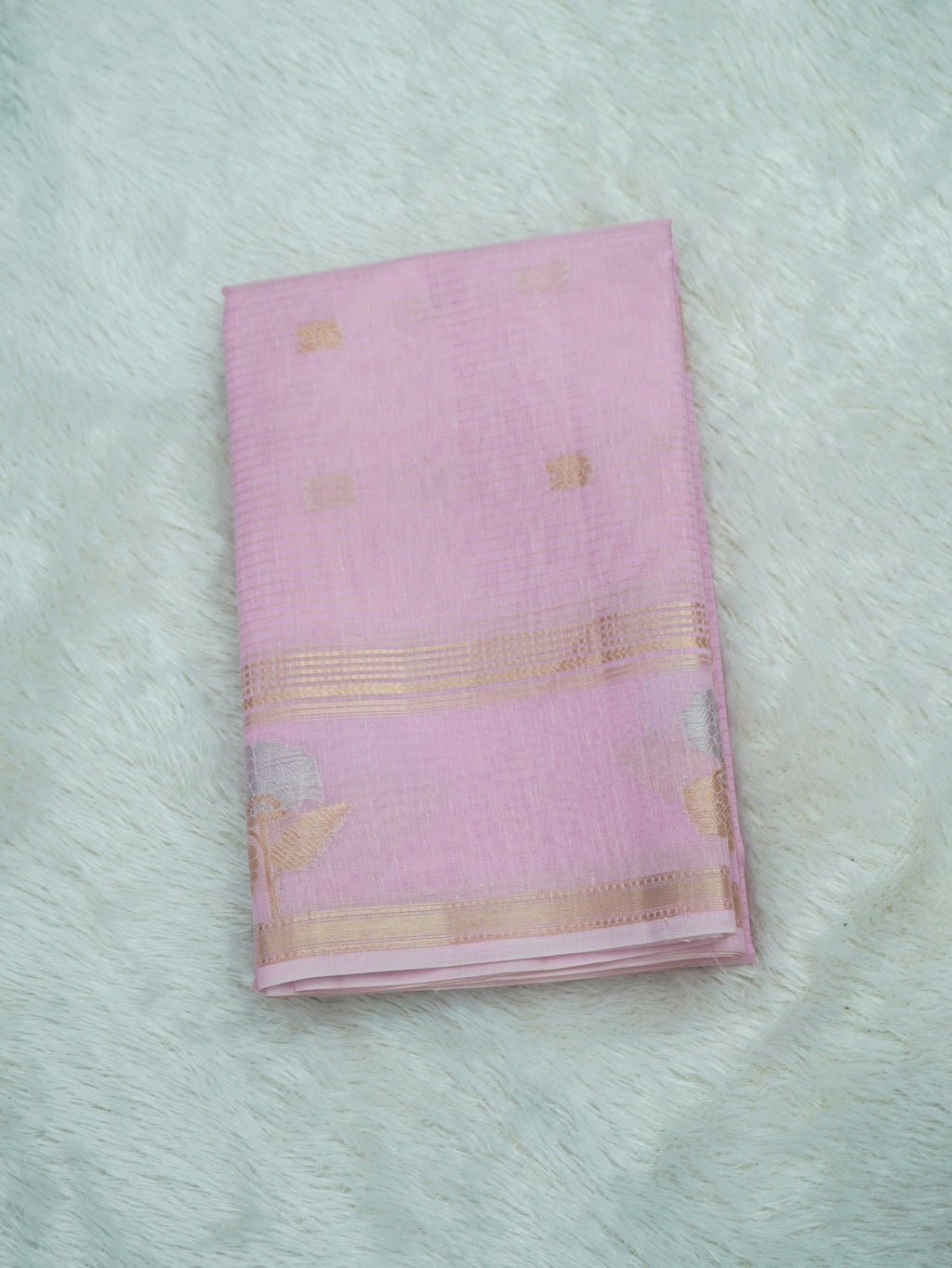 Baby Pink Linen Banarasi Saree with Floral Buta & Rich Zari Border