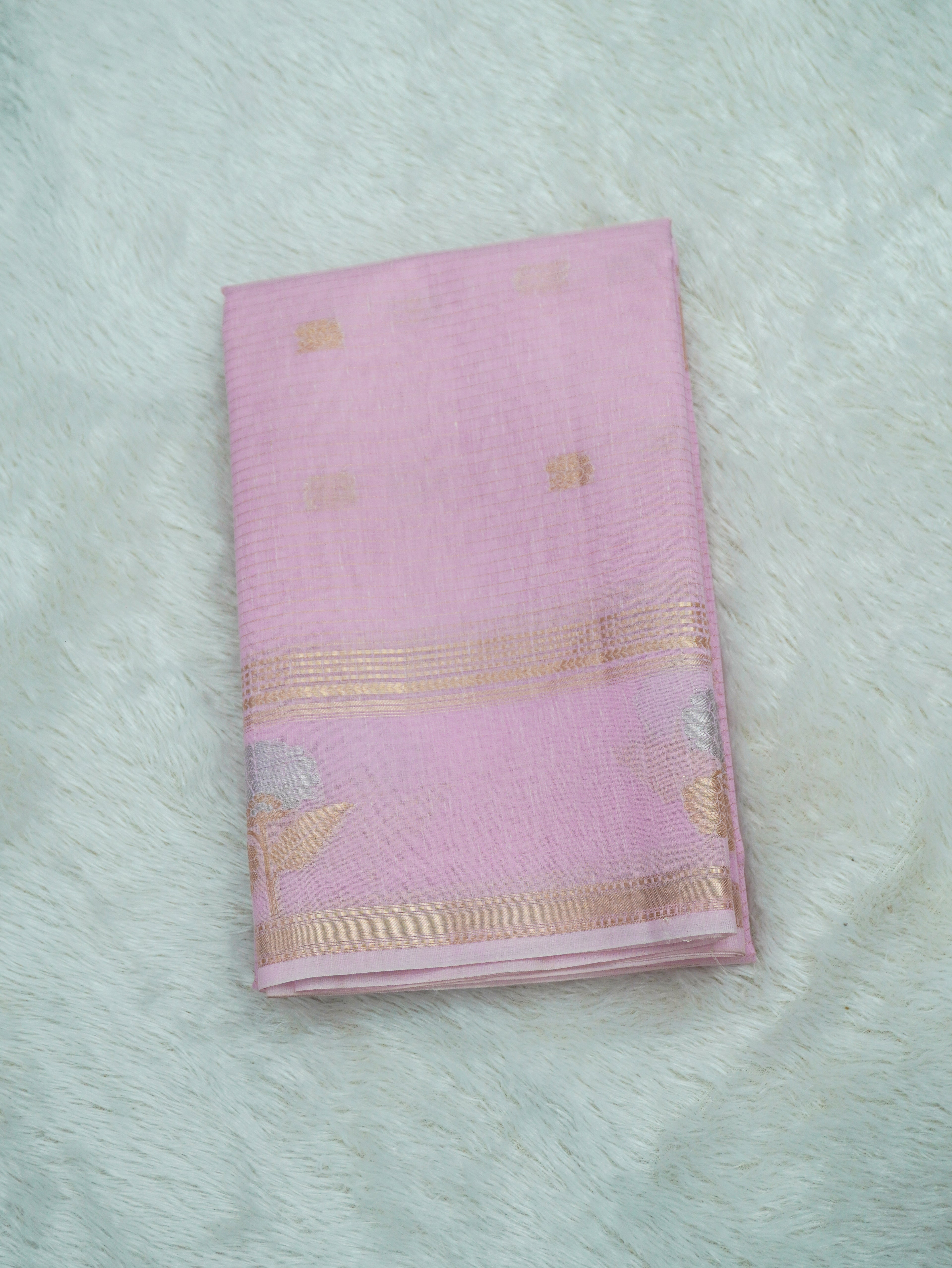 Baby Pink Linen Banarasi Saree with Floral Buta & Rich Zari Border