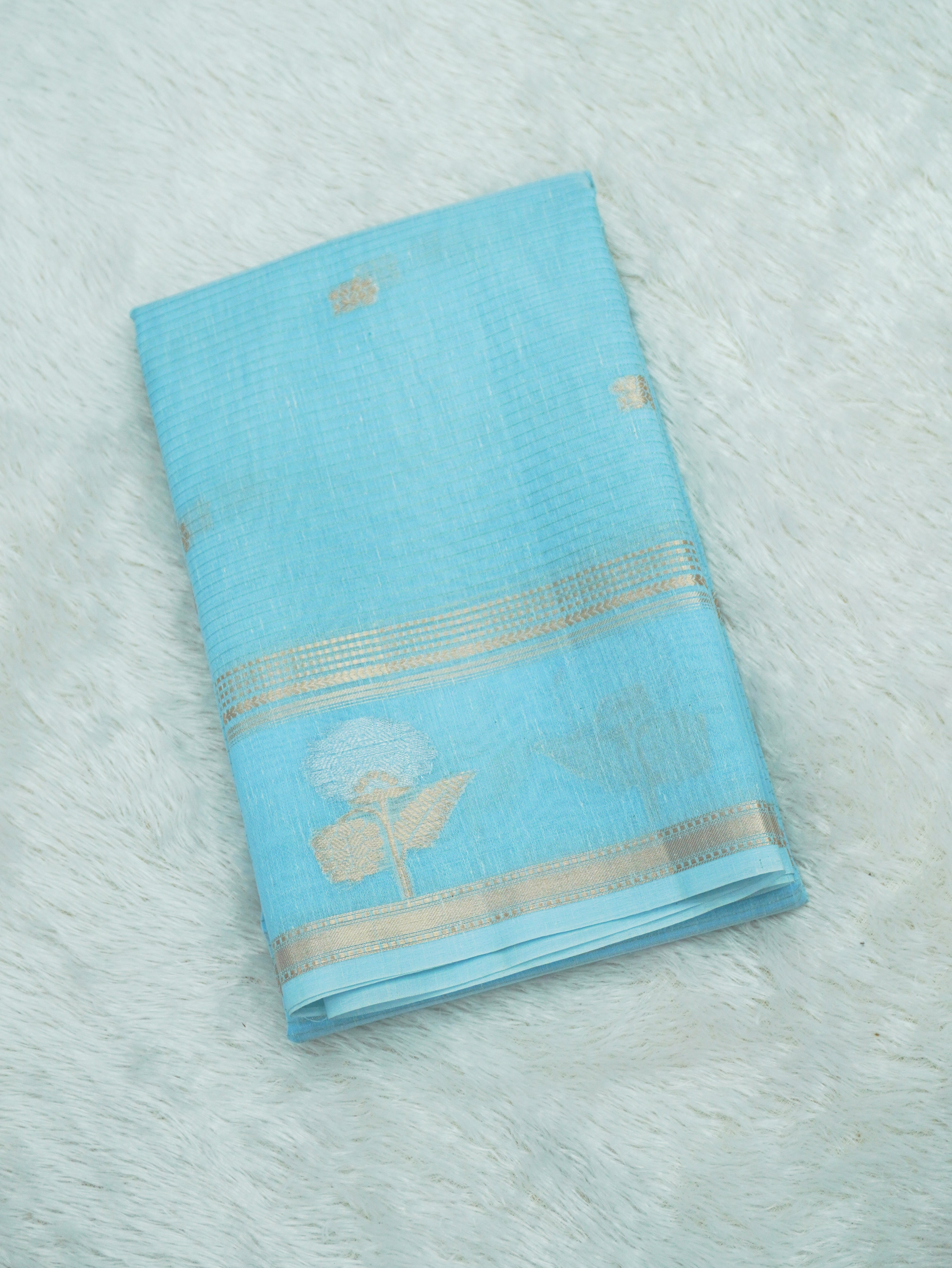 Sky Blue Linen Banarasi Saree with Floral Buta & Rich Zari Border