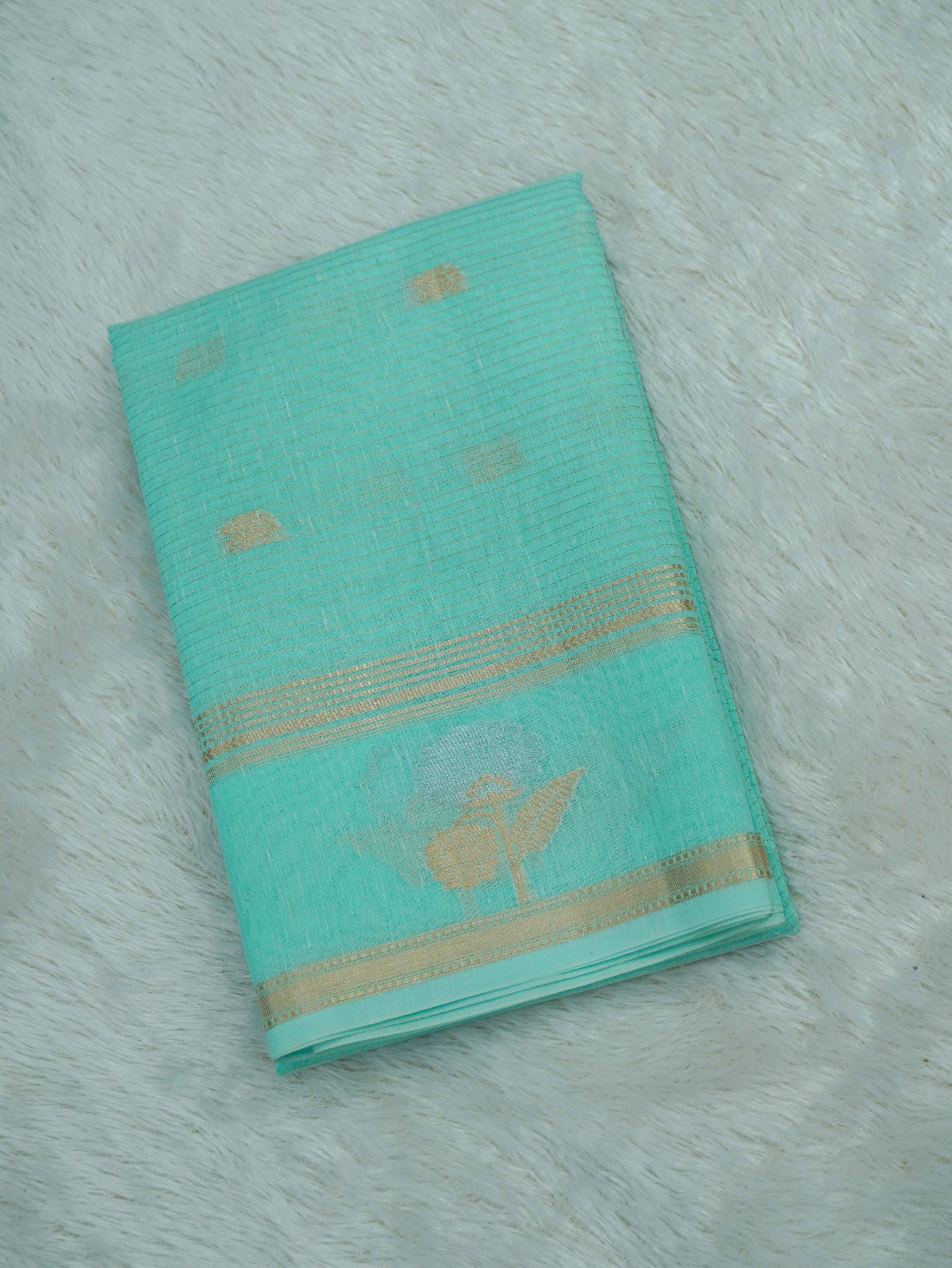 Aqua Green Linen Banarasi Saree with Floral Buta & Rich Zari Border