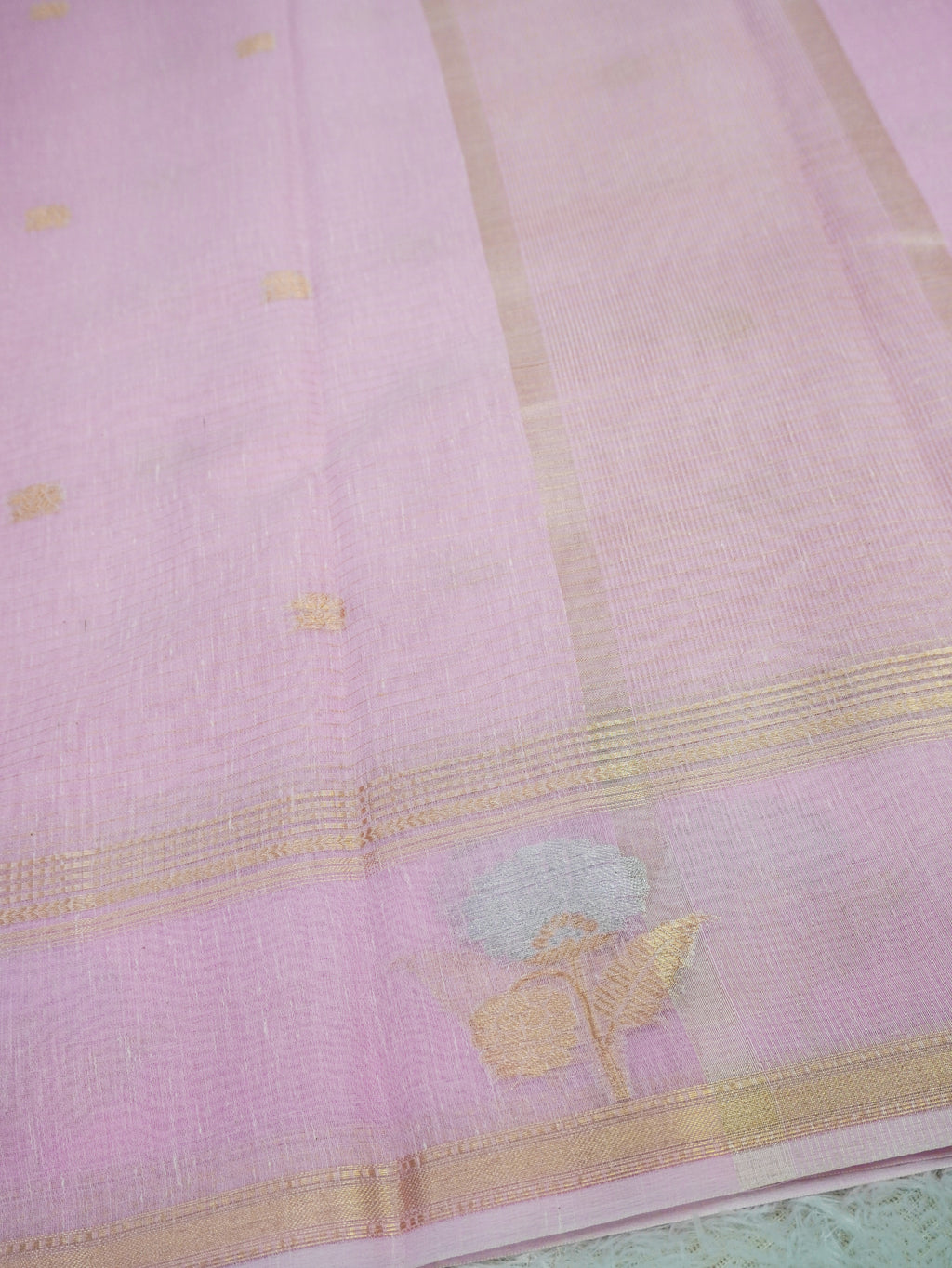 Baby Pink Linen Banarasi Saree with Floral Buta & Rich Zari Border