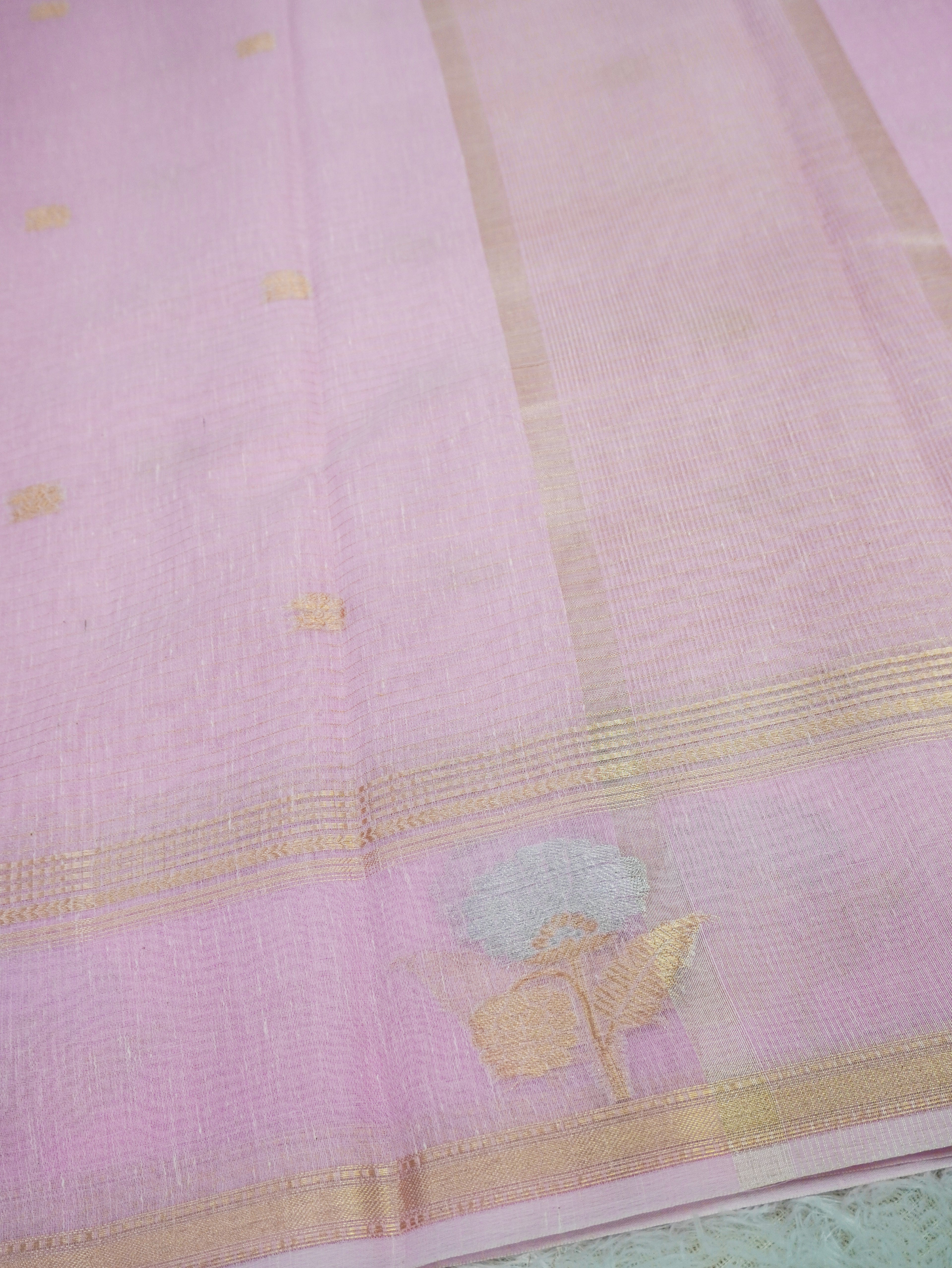 Baby Pink Linen Banarasi Saree with Floral Buta & Rich Zari Border