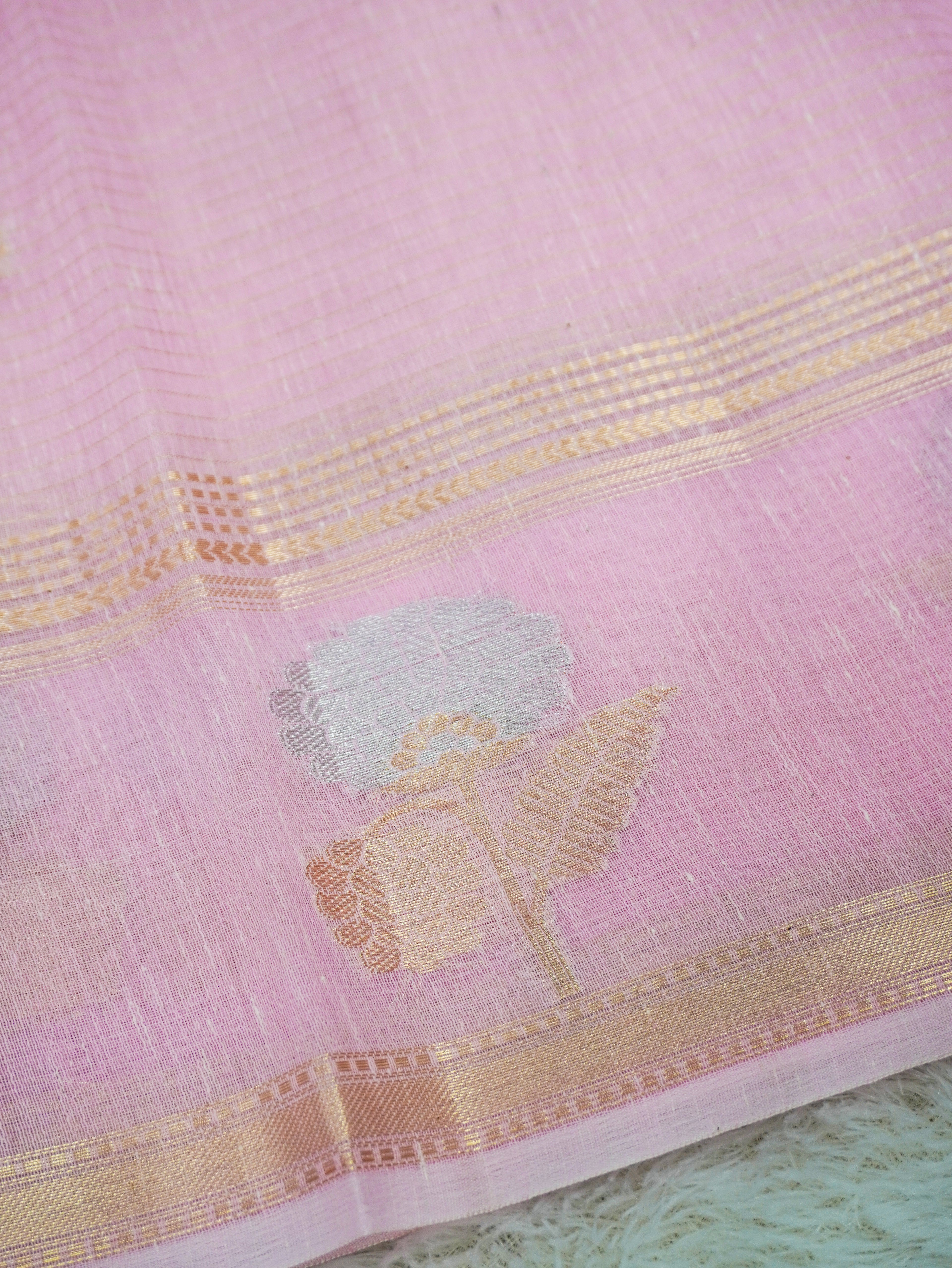 Baby Pink Linen Banarasi Saree with Floral Buta & Rich Zari Border