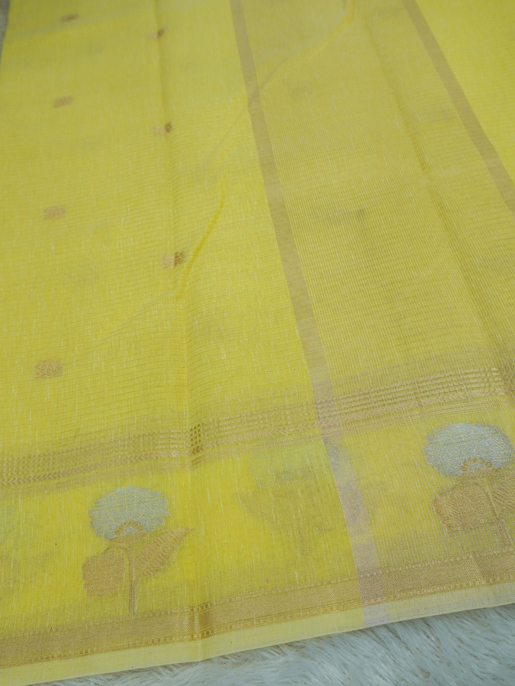 Lemon Yellow Linen Banarasi Saree with Floral Buta & Rich Zari Border