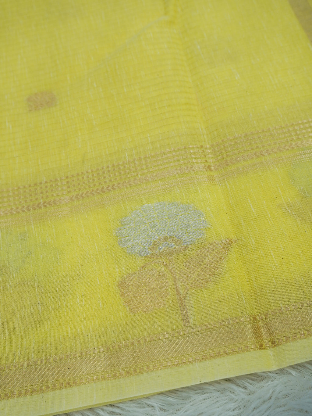Lemon Yellow Linen Banarasi Saree with Floral Buta & Rich Zari Border
