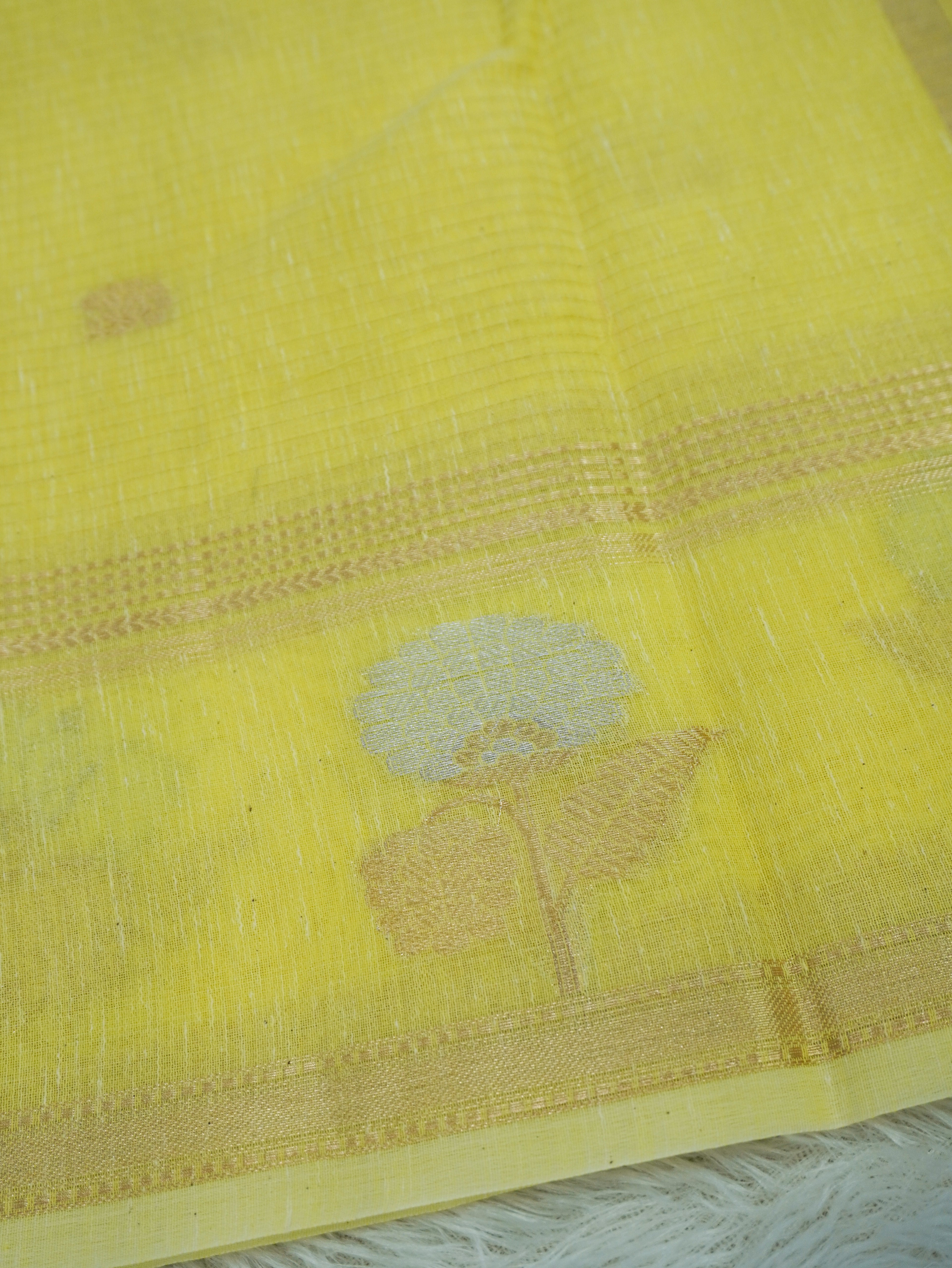Lemon Yellow Linen Banarasi Saree with Floral Buta & Rich Zari Border