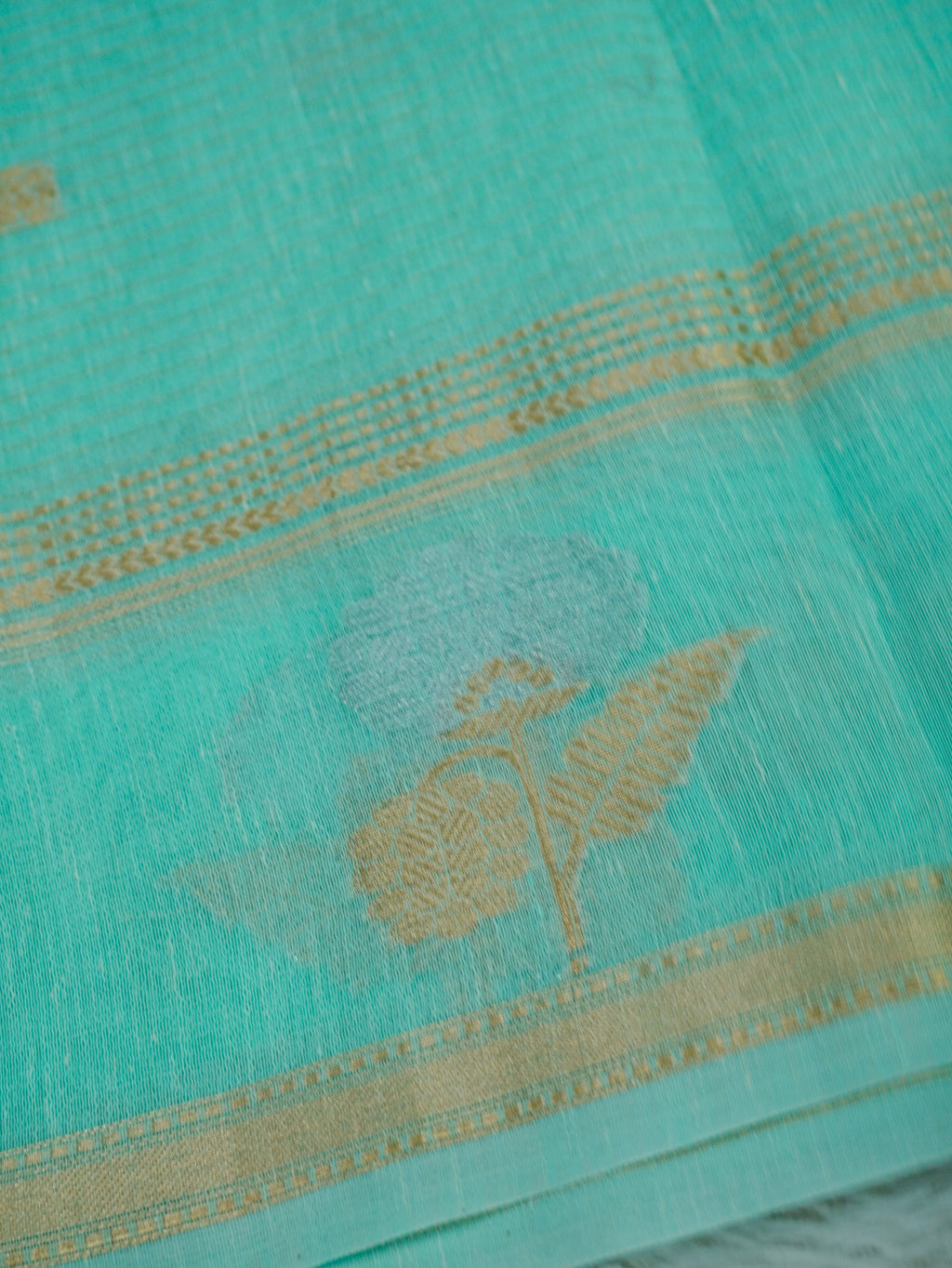 Aqua Green Linen Banarasi Saree with Floral Buta & Rich Zari Border
