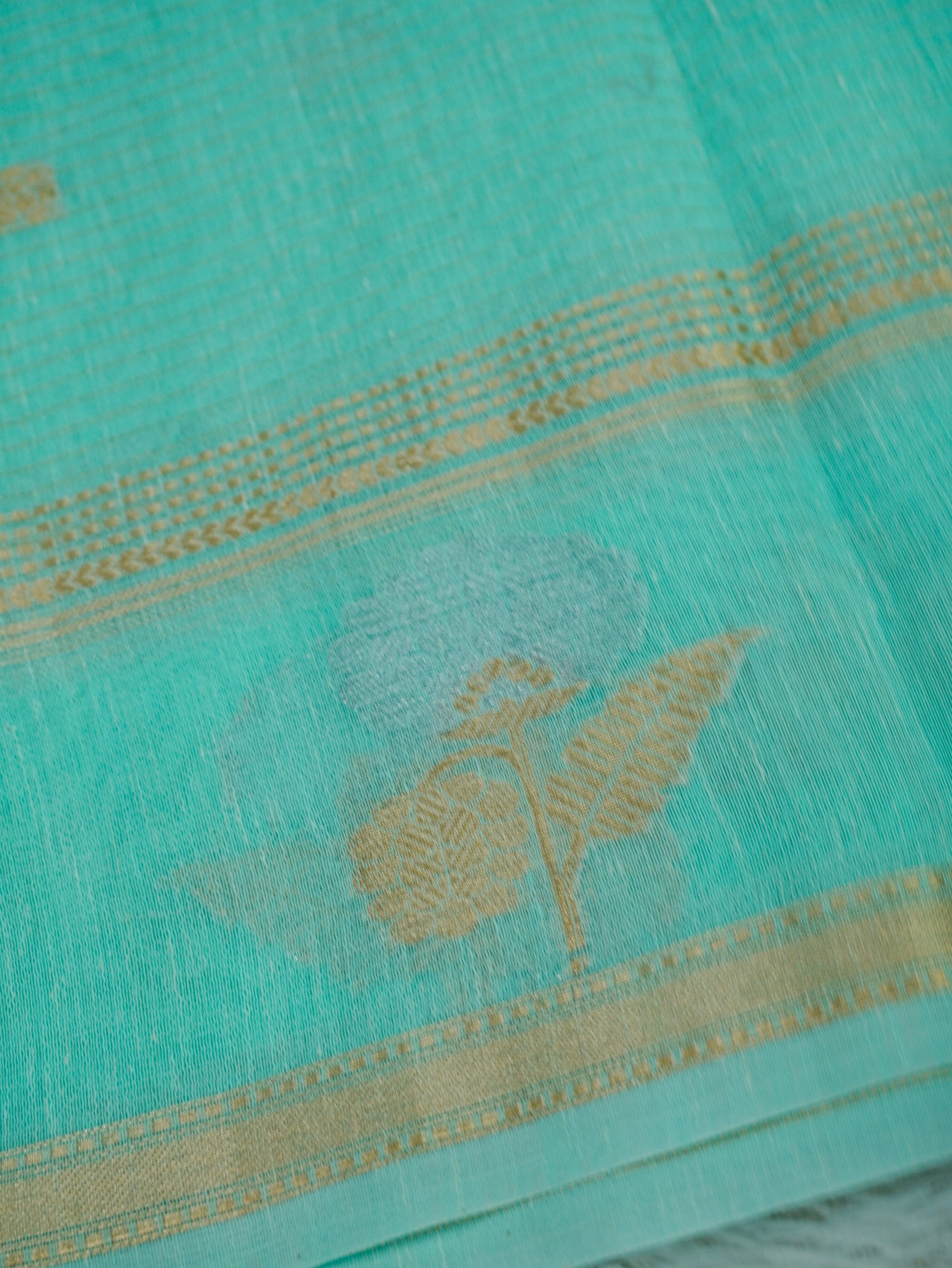 Aqua Green Linen Banarasi Saree with Floral Buta & Rich Zari Border