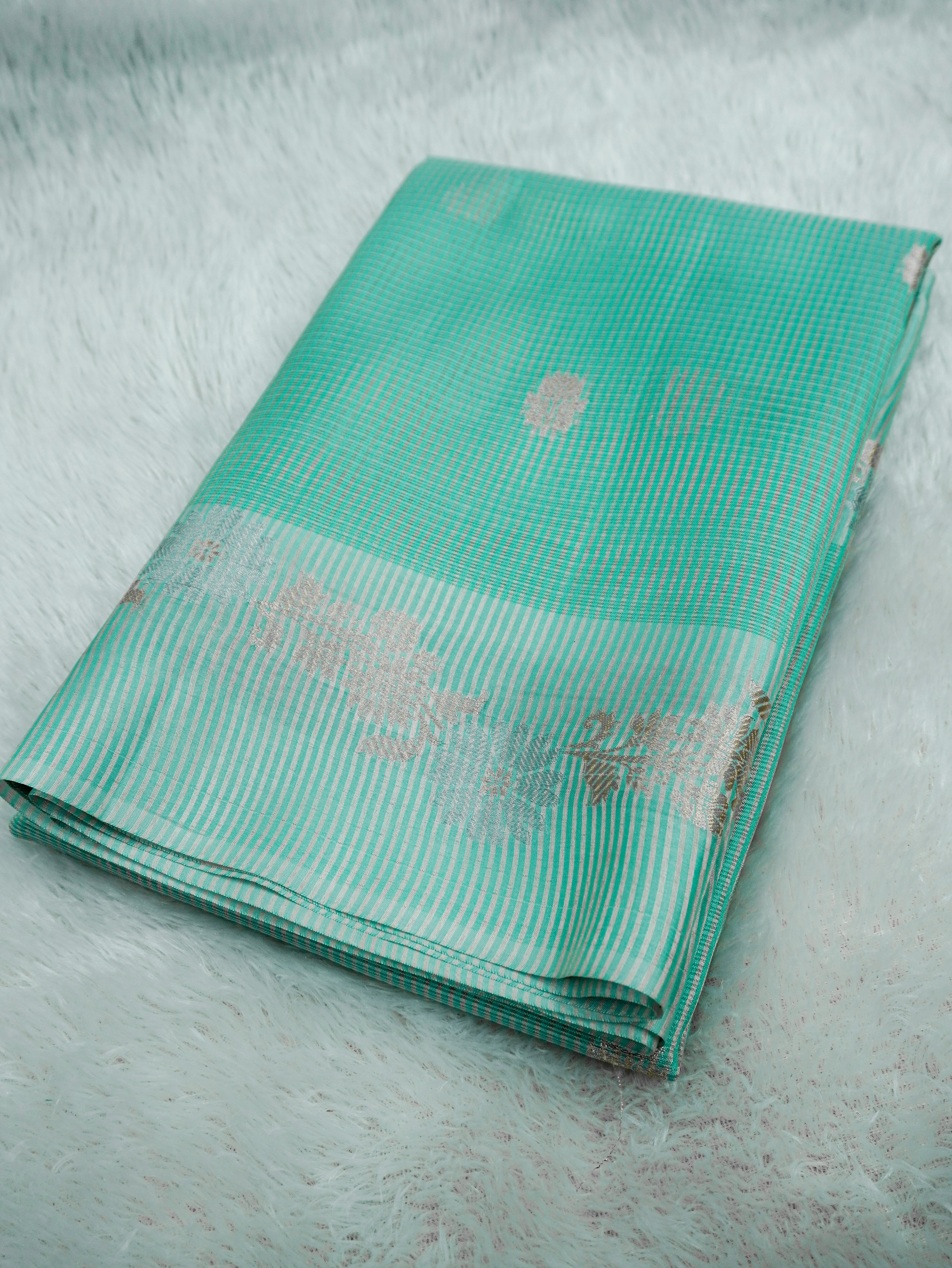 Mint Green Tissue Banarasi Saree with Floral Buti & Silver Zari Border