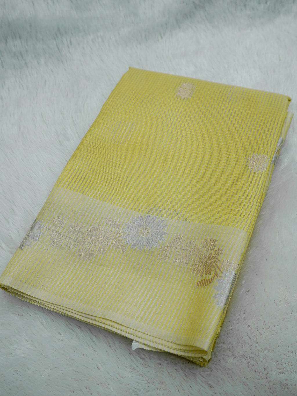 Lemon Yellow Tissue Banarasi Saree with Floral Buti & Silver Zari Border