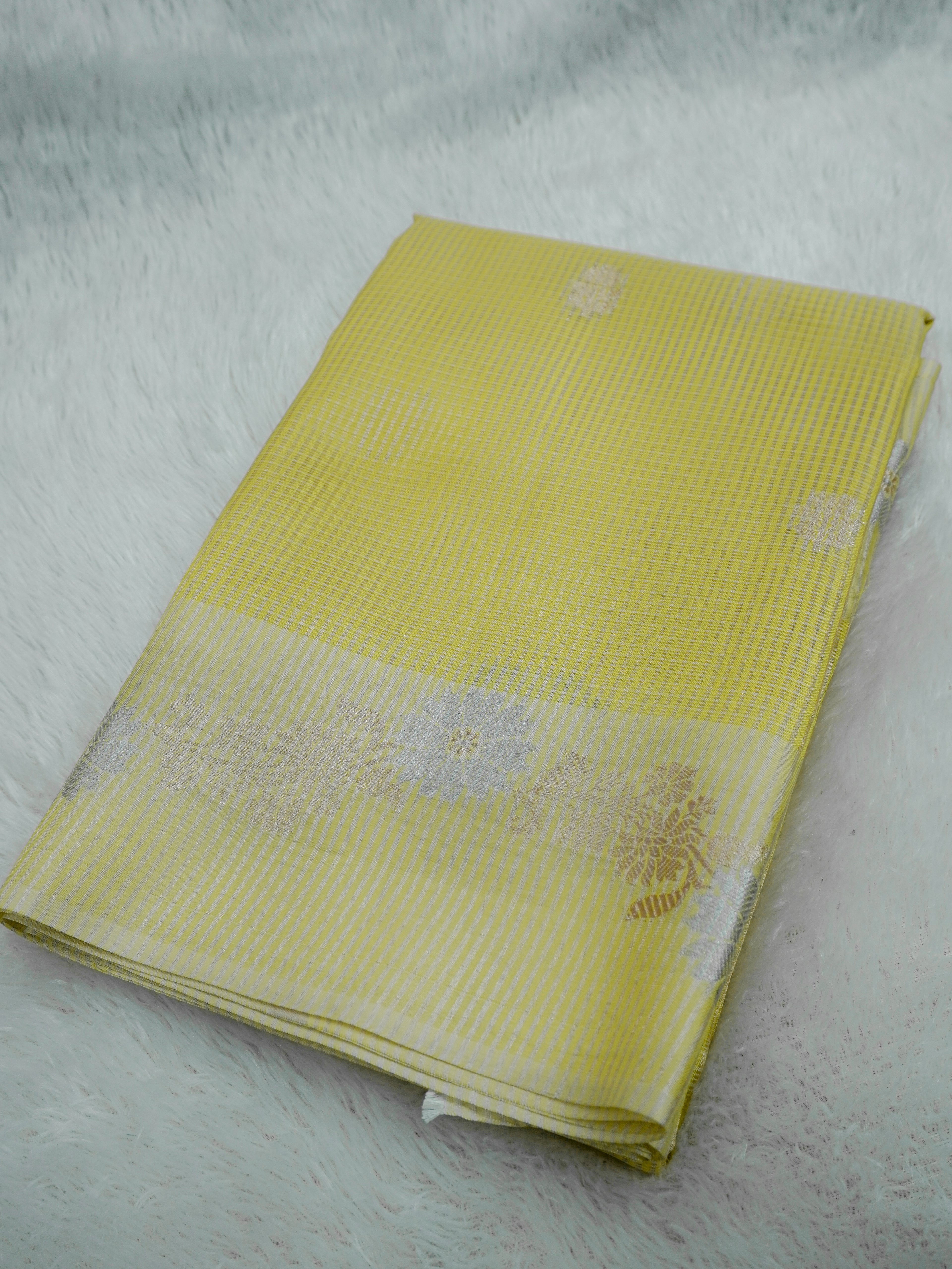 Lemon Yellow Tissue Banarasi Saree with Floral Buti & Silver Zari Border