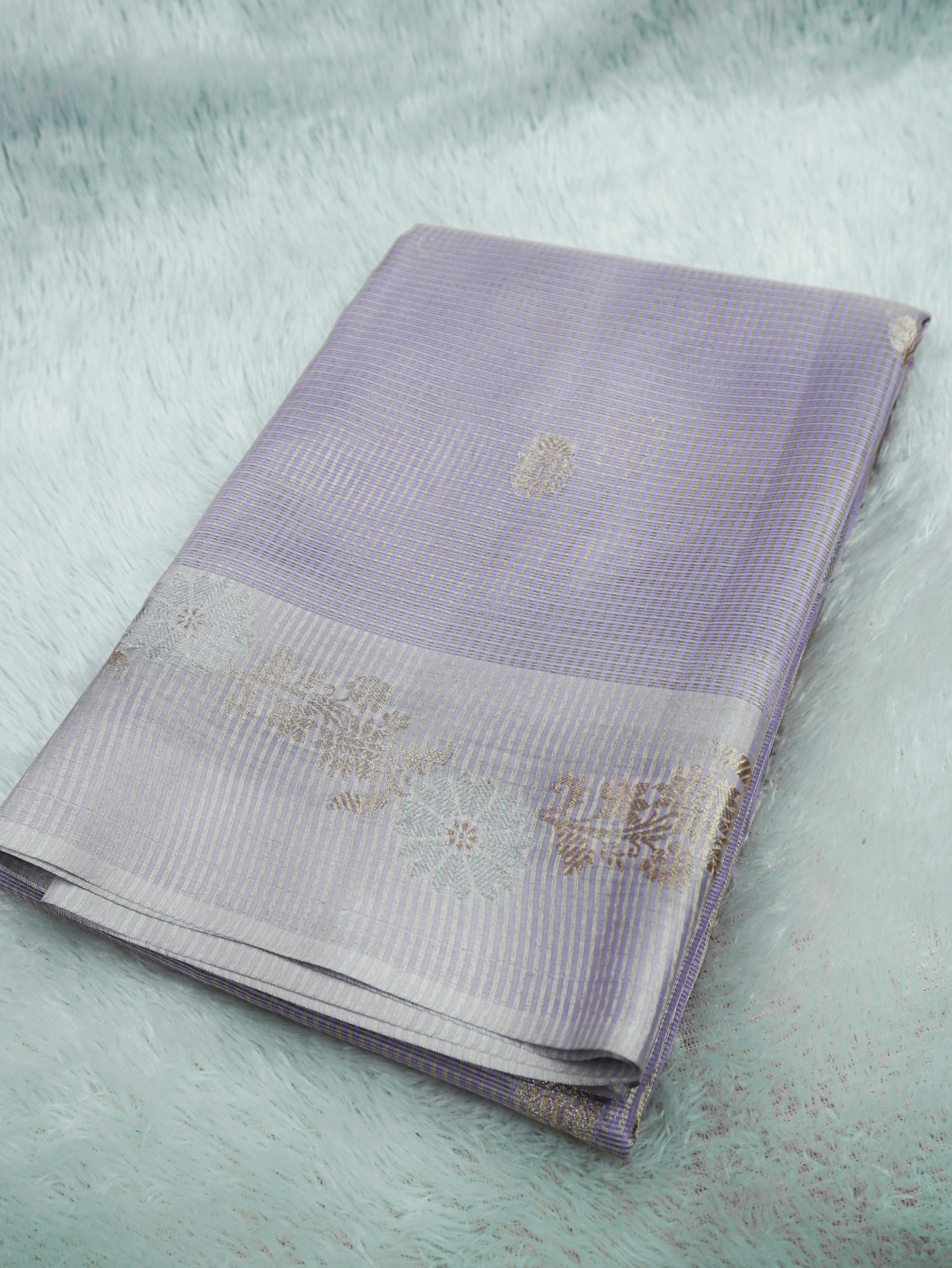 Lavender Tissue Banarasi Saree with Floral Buti & Silver Zari Border