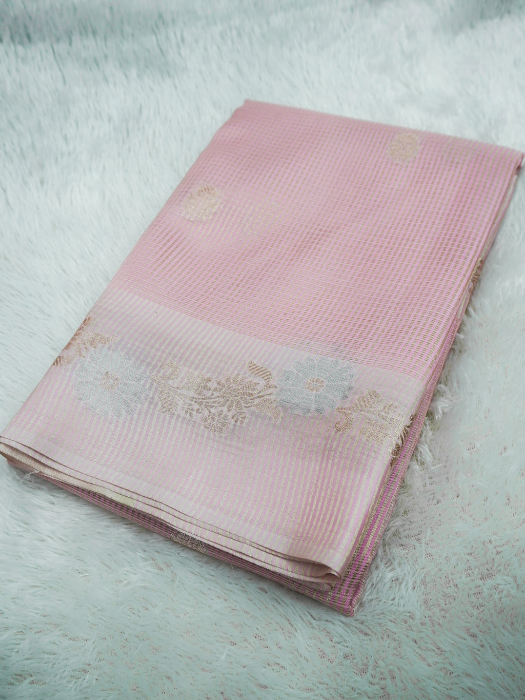 Blush Pink Tissue Banarasi Saree with Floral Buti & Silver Zari Border