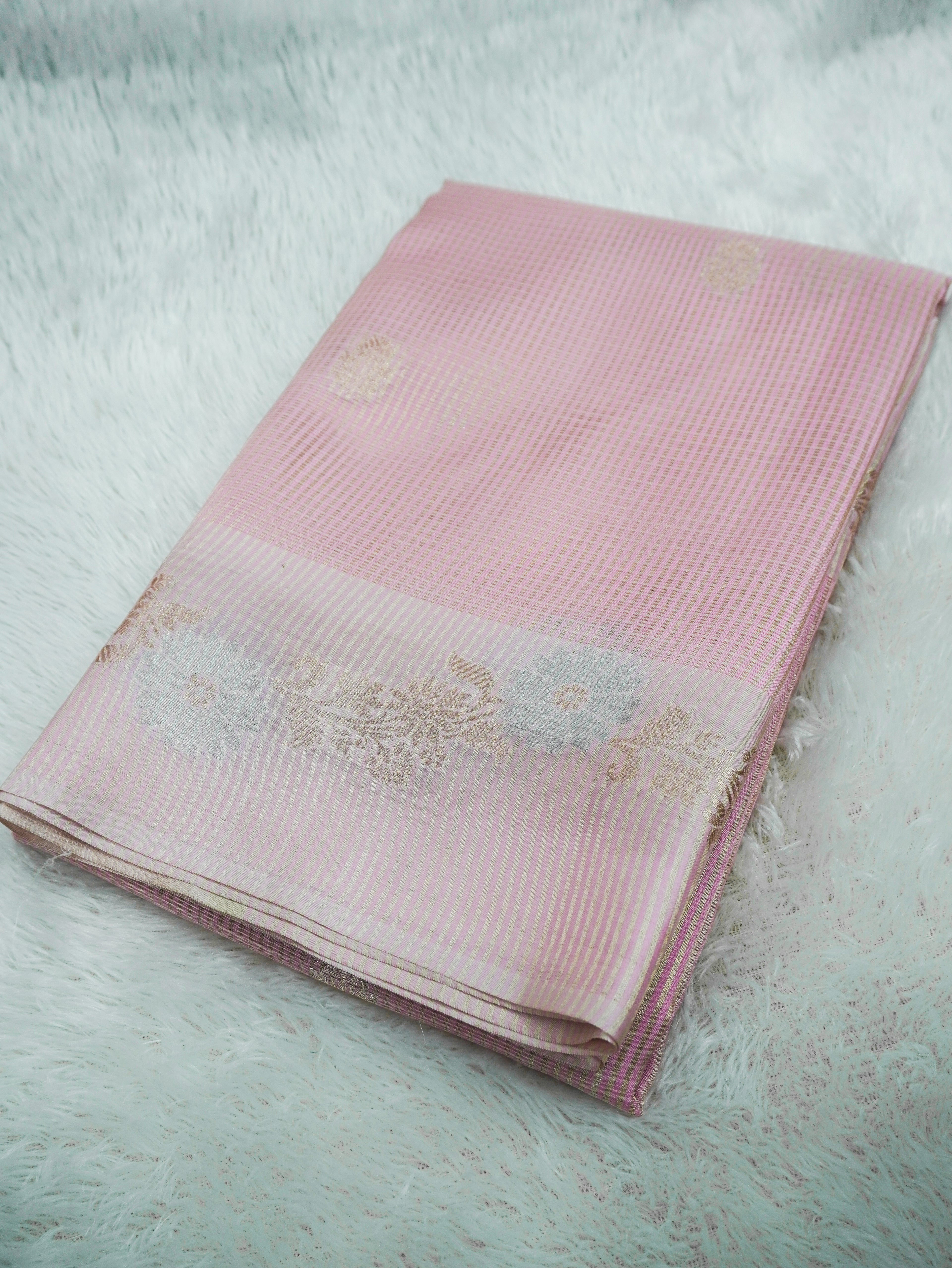 Blush Pink Tissue Banarasi Saree with Floral Buti & Silver Zari Border