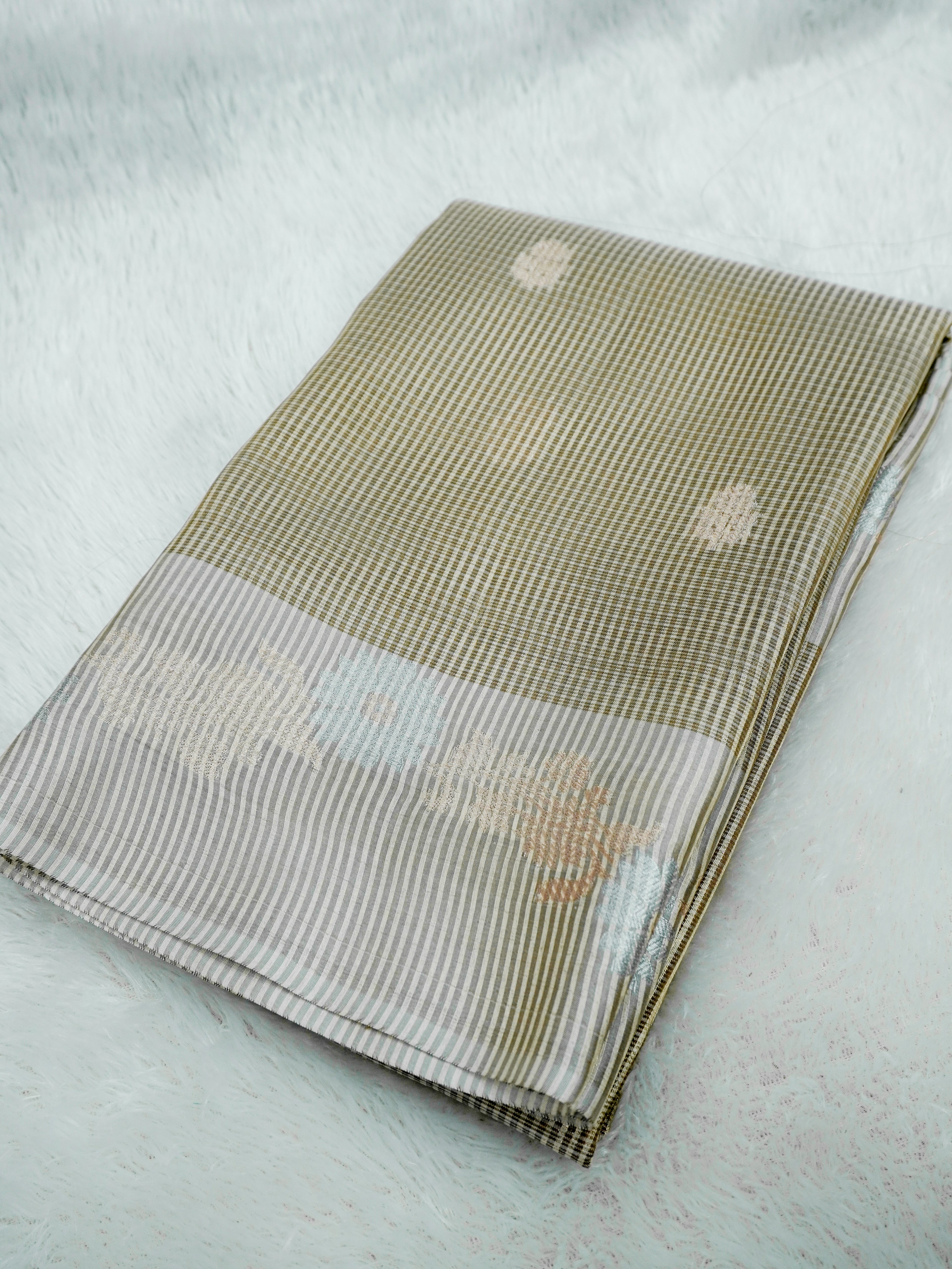 Beige Tissue Banarasi Saree with Floral Buti & Silver Zari Border
