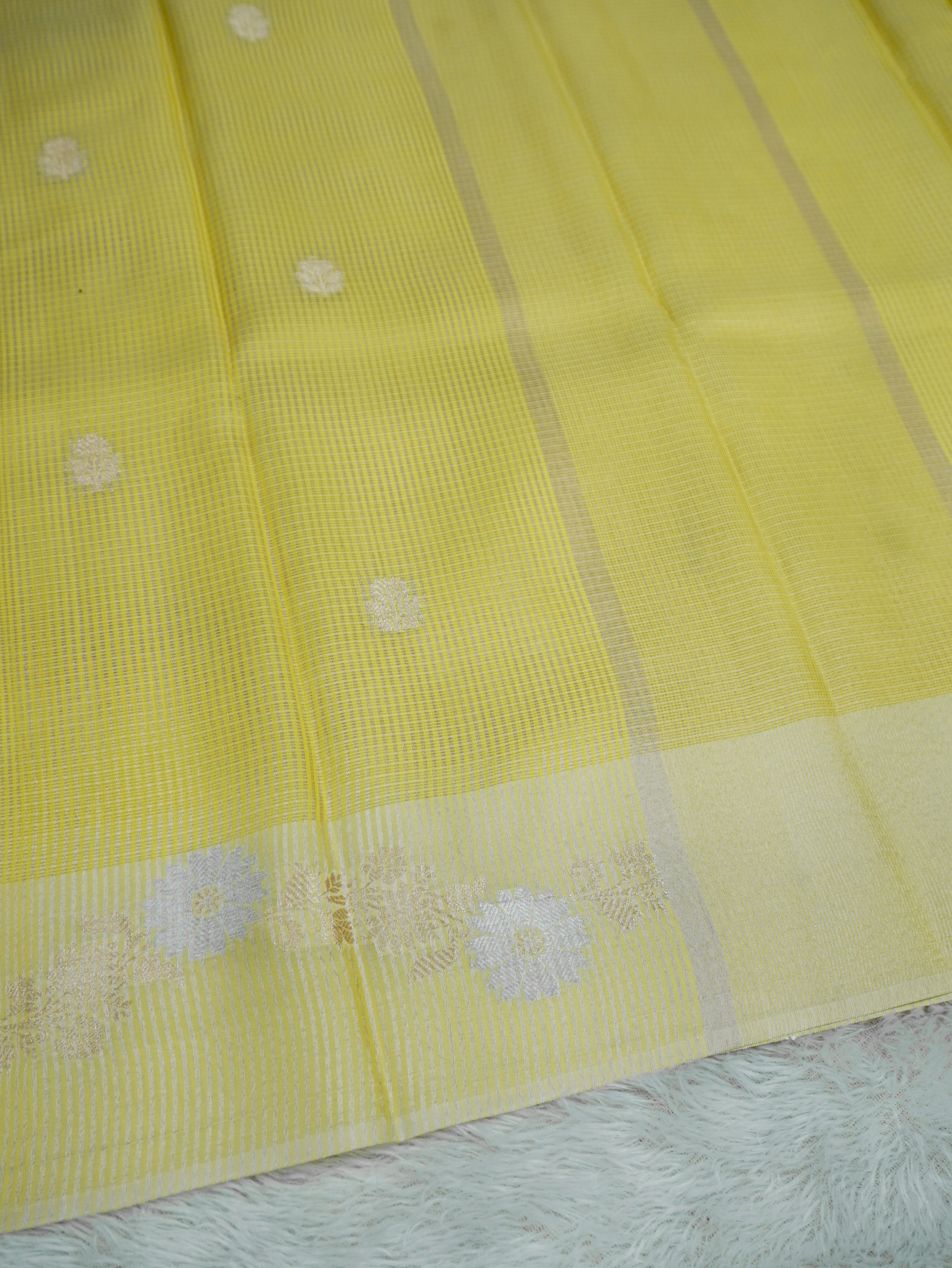 Lemon Yellow Tissue Banarasi Saree with Floral Buti & Silver Zari Border