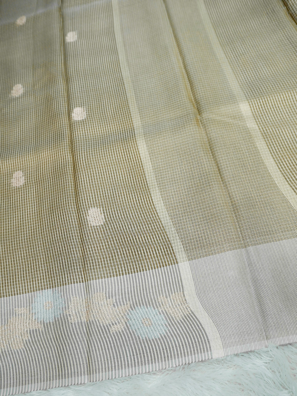 Beige Tissue Banarasi Saree with Floral Buti & Silver Zari Border