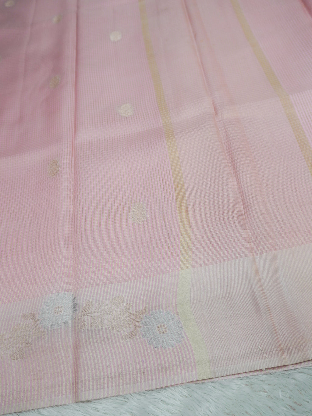 Blush Pink Tissue Banarasi Saree with Floral Buti & Silver Zari Border