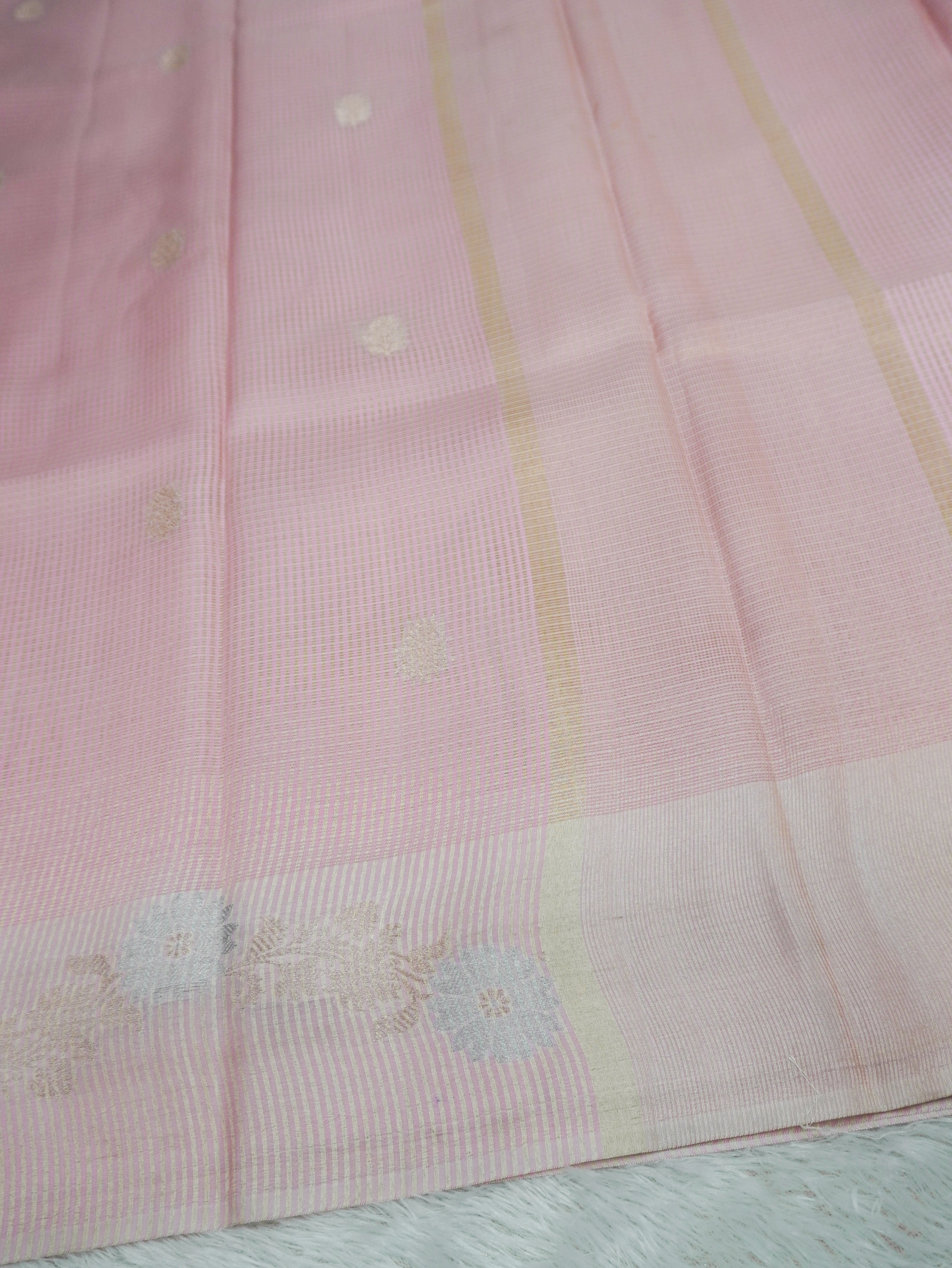 Blush Pink Tissue Banarasi Saree with Floral Buti & Silver Zari Border