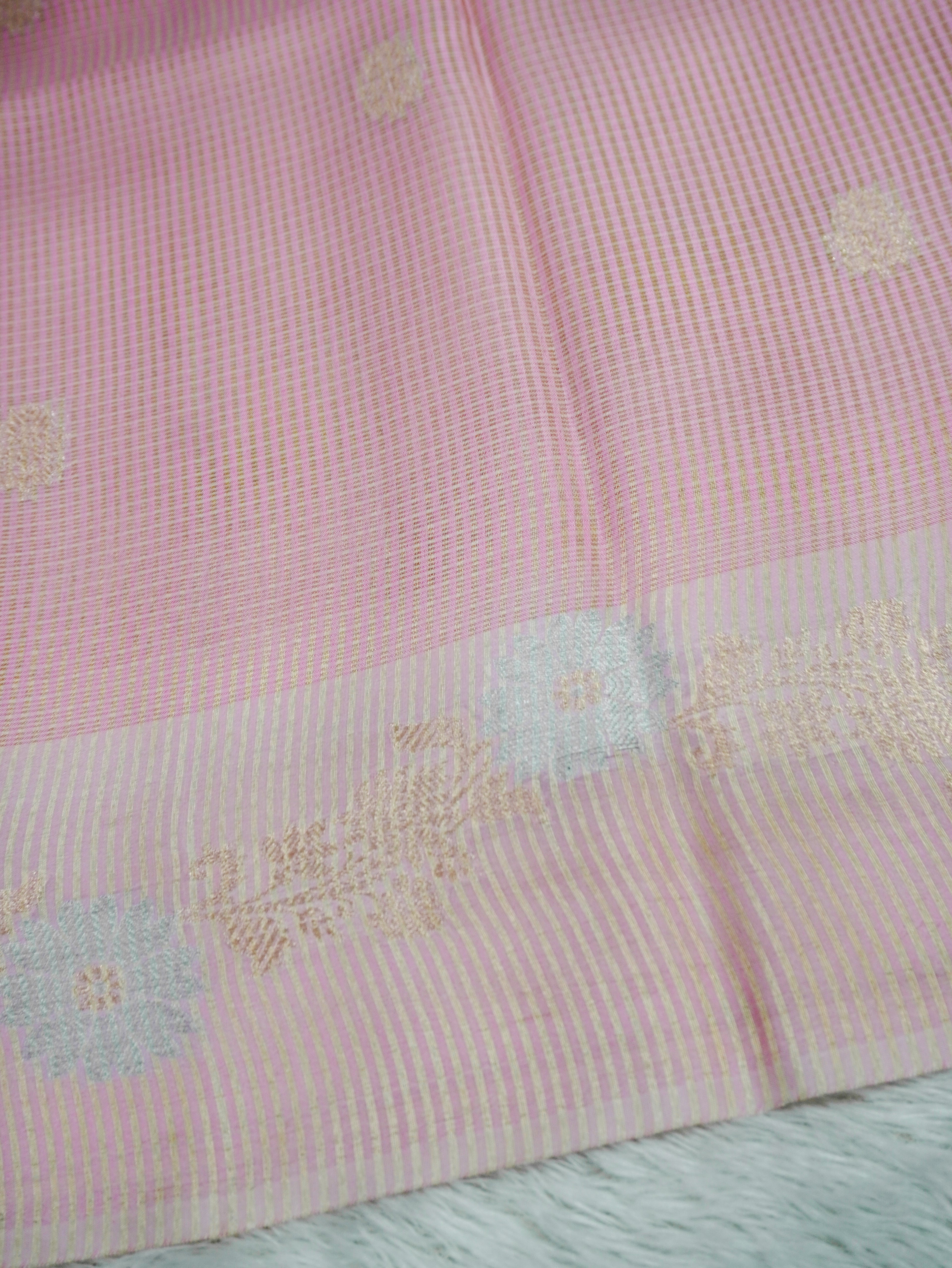 Blush Pink Tissue Banarasi Saree with Floral Buti & Silver Zari Border