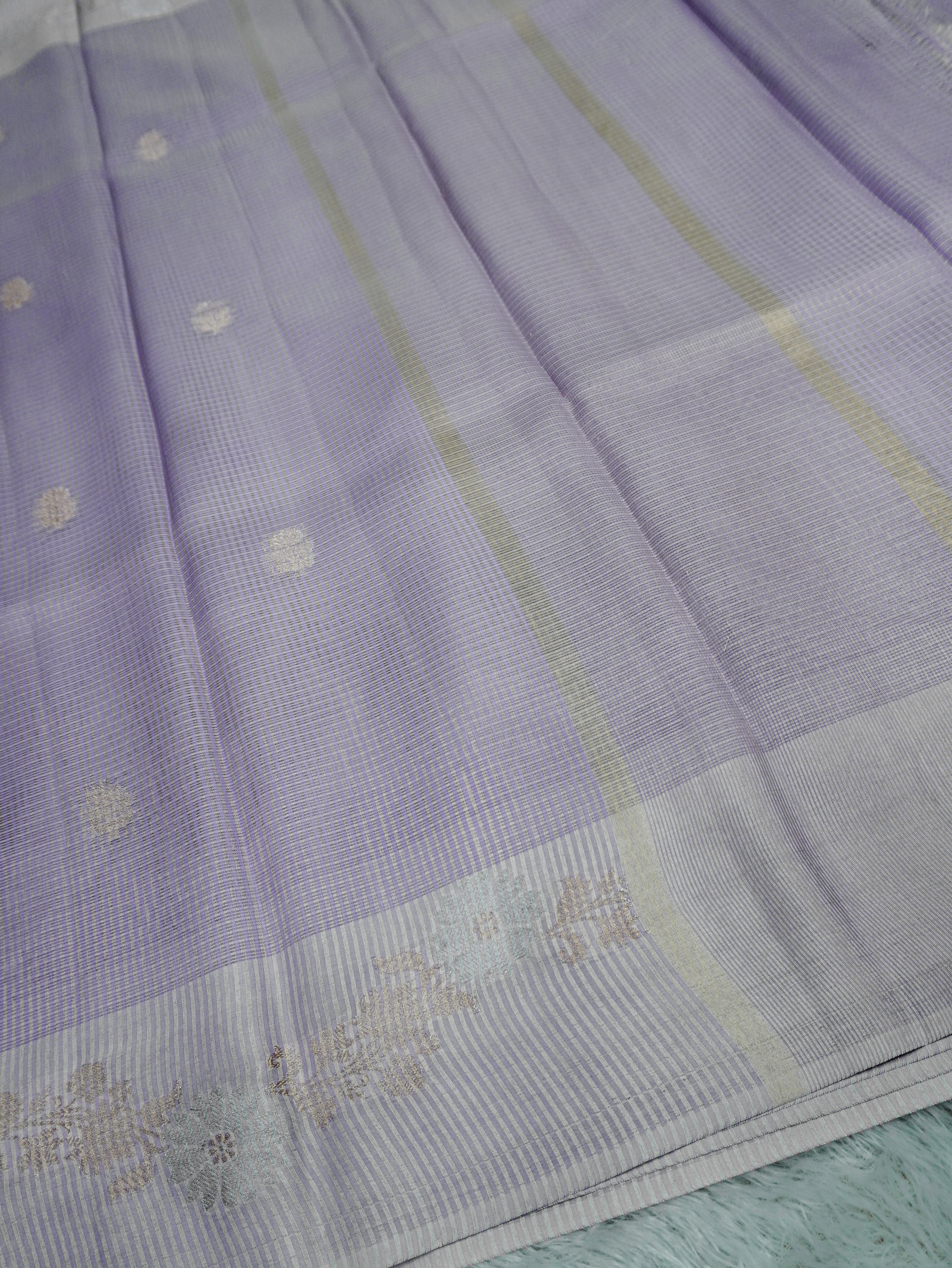 Lavender Tissue Banarasi Saree with Floral Buti & Silver Zari Border