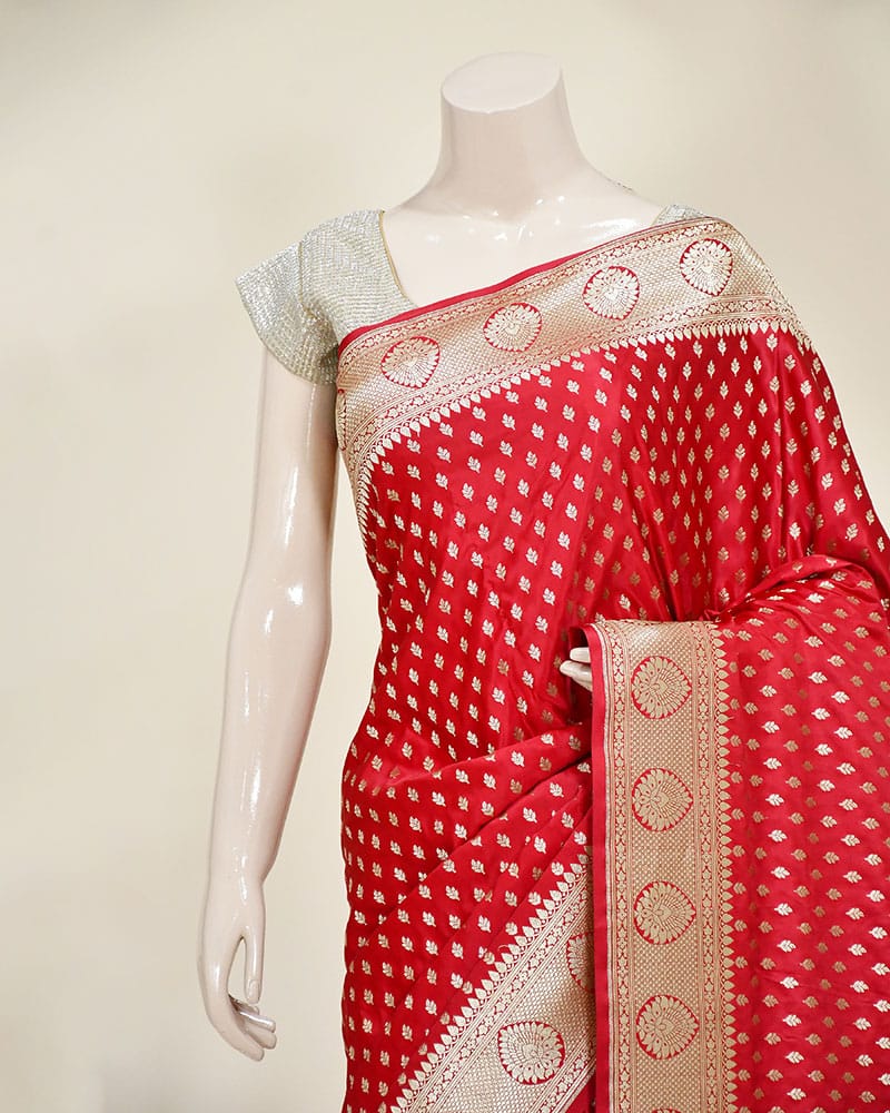 Red Art Silk Banarasi Saree with Zari Buti & Floral Jaal Border