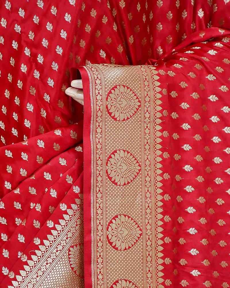 Red Art Silk Banarasi Saree with Zari Buti & Floral Jaal Border