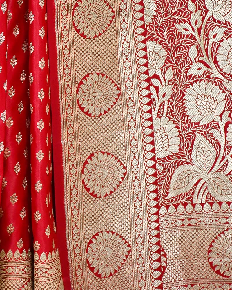 Red Art Silk Banarasi Saree with Zari Buti & Floral Jaal Border