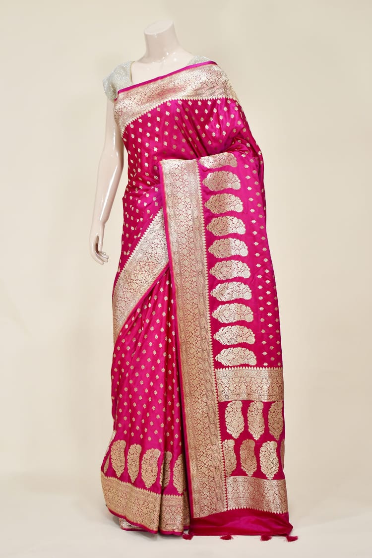 Rani Pink Art Silk Banarasi Saree with Zari Buti & Floral Jaal Border