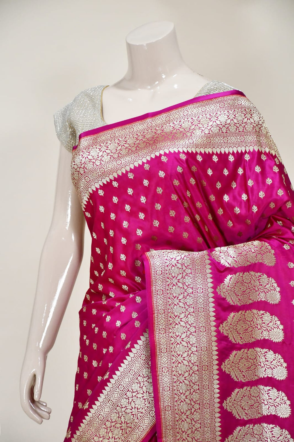 Rani Pink Art Silk Banarasi Saree with Zari Buti & Floral Jaal Border