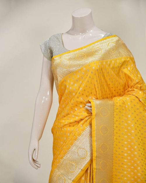 Yellow Art Silk Banarasi Saree with Zari Buti & Traditional Jaal Border