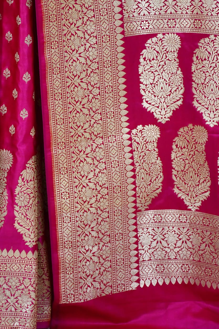Rani Pink Art Silk Banarasi Saree with Zari Buti & Floral Jaal Border