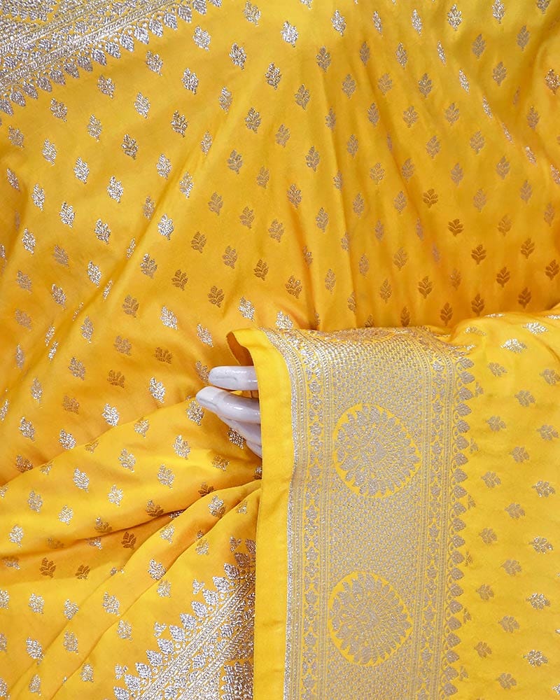 Yellow Art Silk Banarasi Saree with Zari Buti & Traditional Jaal Border