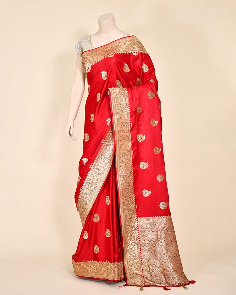 Red Art Silk Banarasi Saree with Paisley Zari Buti & Meenakari-Style Border