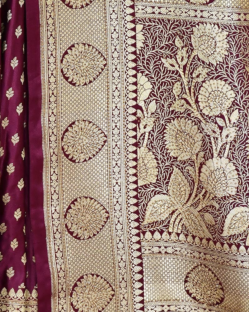 Wine Art Silk Banarasi Saree with Zari Buti & Floral Jaal Border