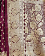 Wine Art Silk Banarasi Saree with Zari Buti & Floral Jaal Border