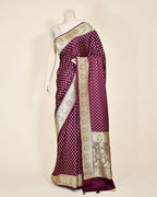 Wine Art Silk Banarasi Saree with Zari Buti & Floral Jaal Border