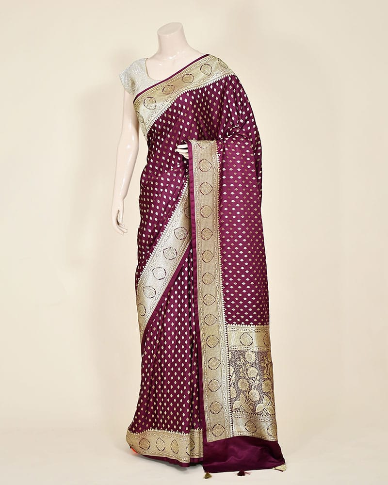 Wine Art Silk Banarasi Saree with Zari Buti & Floral Jaal Border