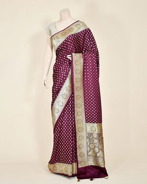 Wine Art Silk Banarasi Saree with Zari Buti & Floral Jaal Border