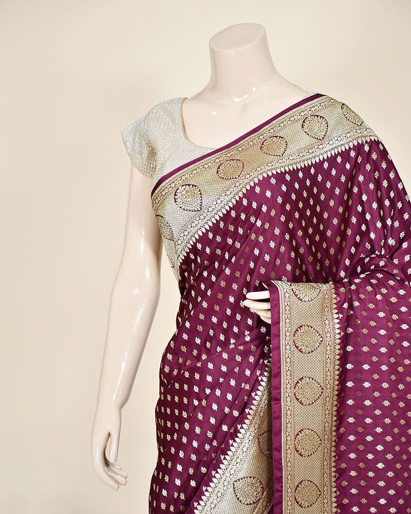 Wine Art Silk Banarasi Saree with Zari Buti & Floral Jaal Border
