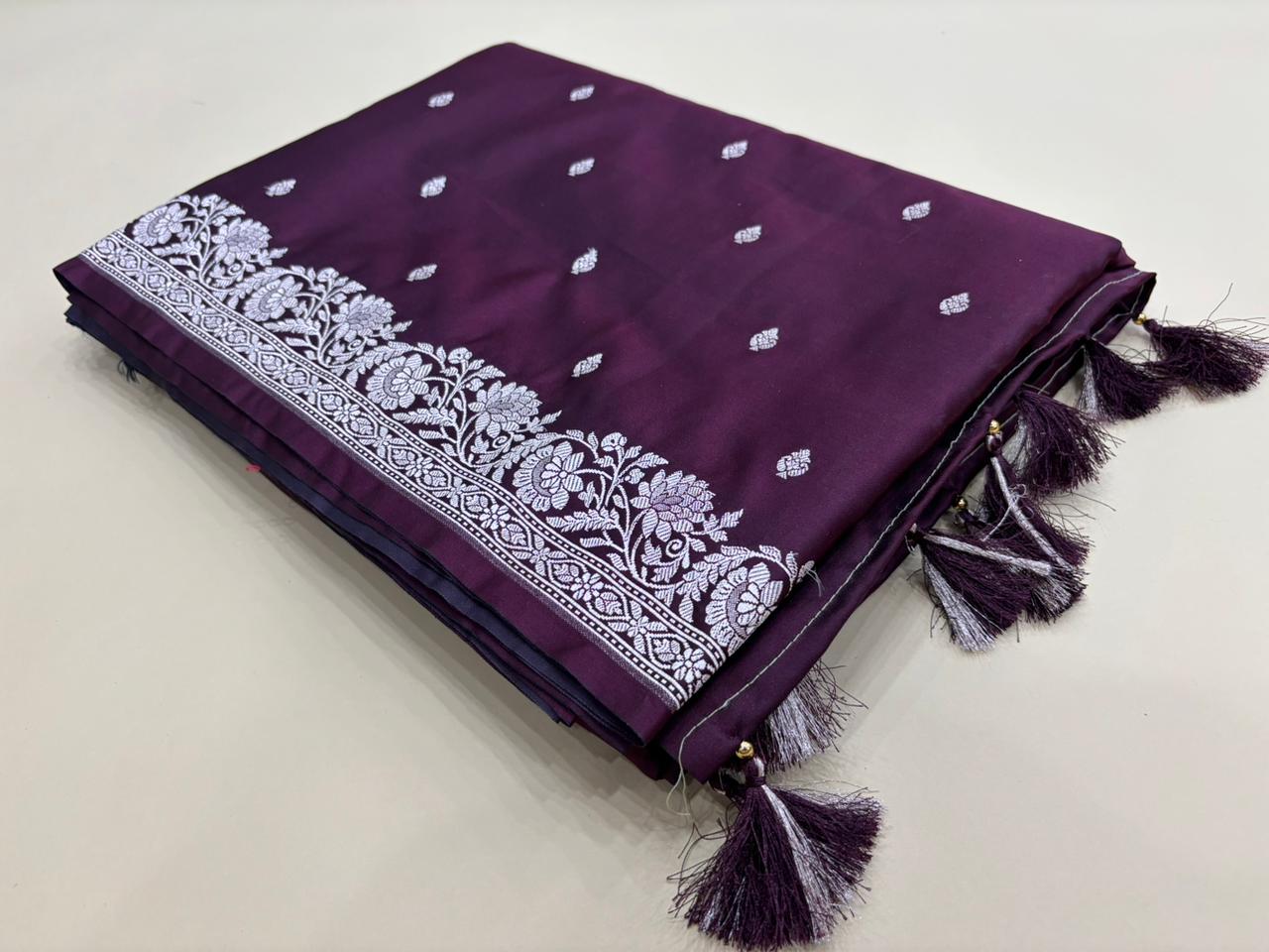 Wine Banarasi Mashru Katan Silk Saree