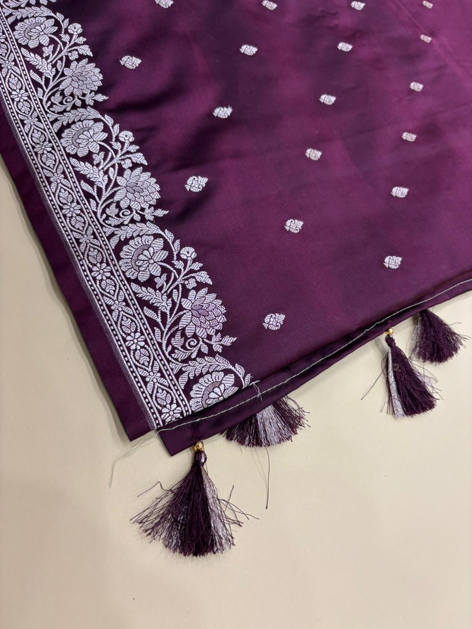 Wine Banarasi Mashru Katan Silk Saree