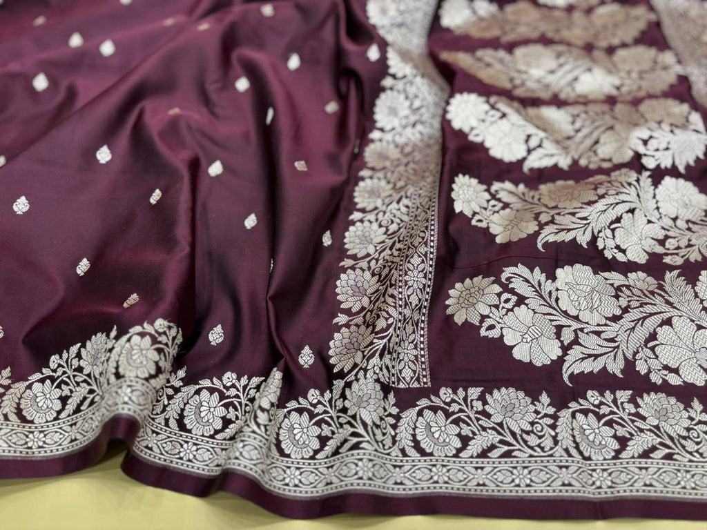 Wine Banarasi Mashru Katan Silk Saree