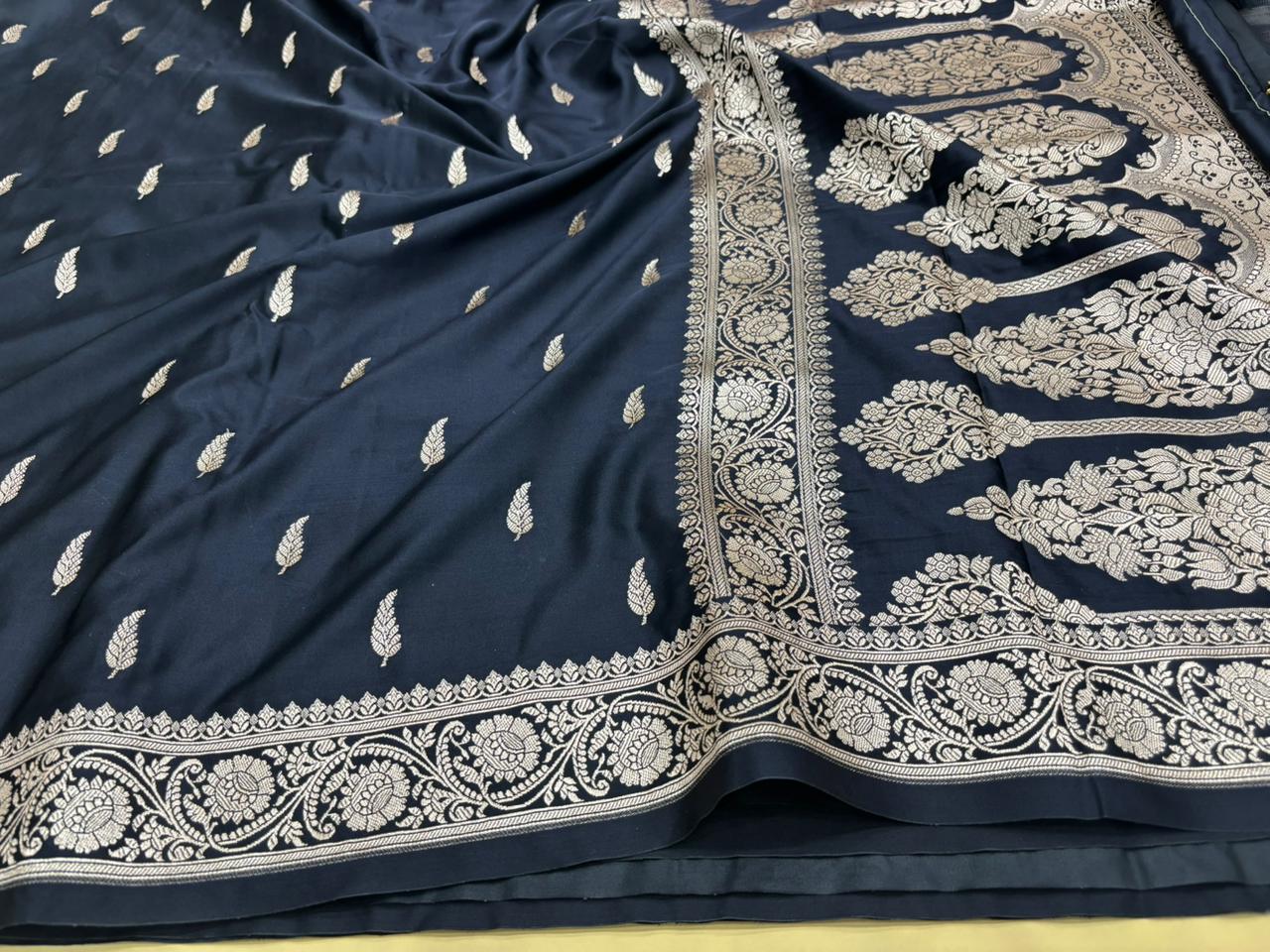 Navy Blue Banarasi Mashru Katan Silk Saree
