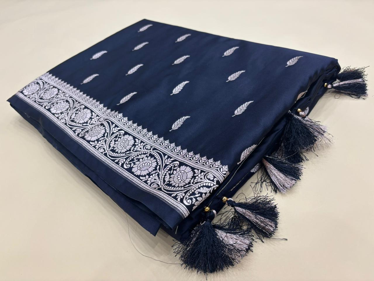Navy Blue Banarasi Mashru Katan Silk Saree